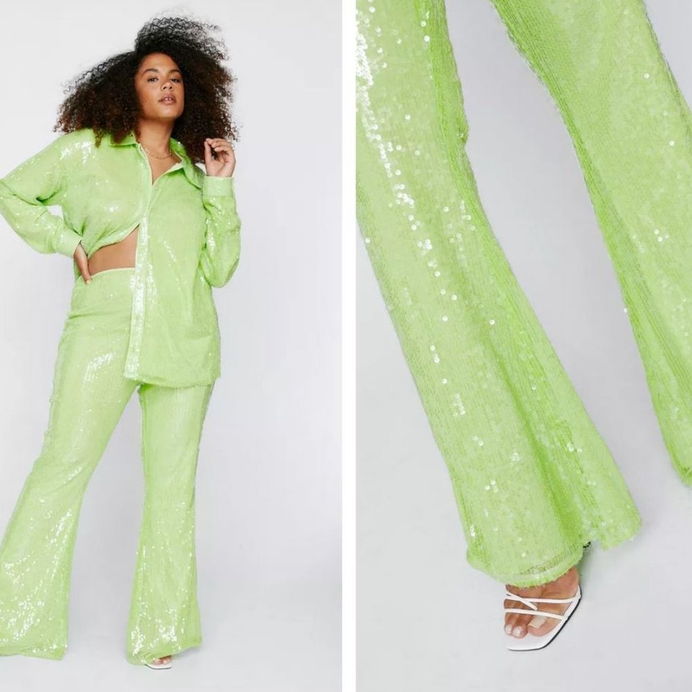 Plus Size Coordinated Green Sequin Pants and Top Set (Size 20)